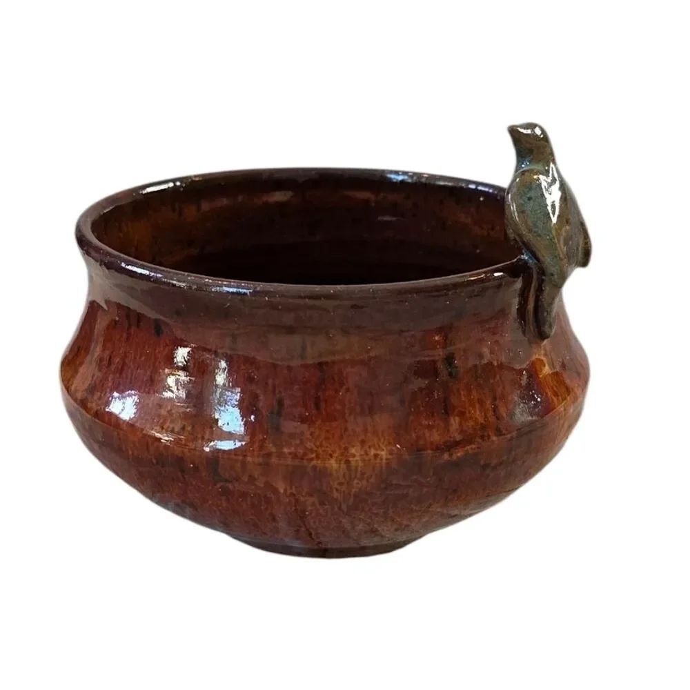 Handcrafted Brown Ceramic Bowl With Bird Accent